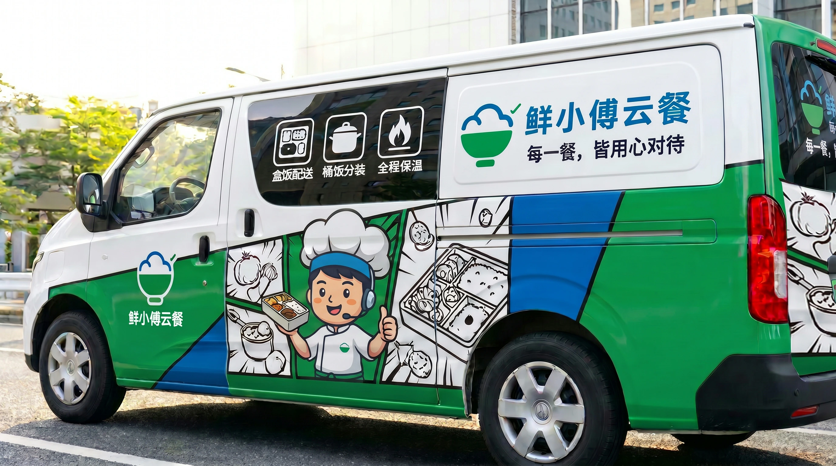 鲜小傅云餐配送车辆,车身蓝绿品牌标识与小傅卡通形象